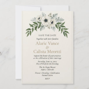 Weiße Anemone & Silbernes Laub Elegant Save Einladung