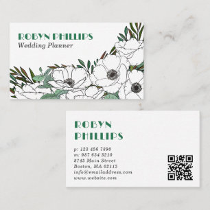 Weiße Anemonen Grün Retro-Schrift QR-Code Visitenkarte