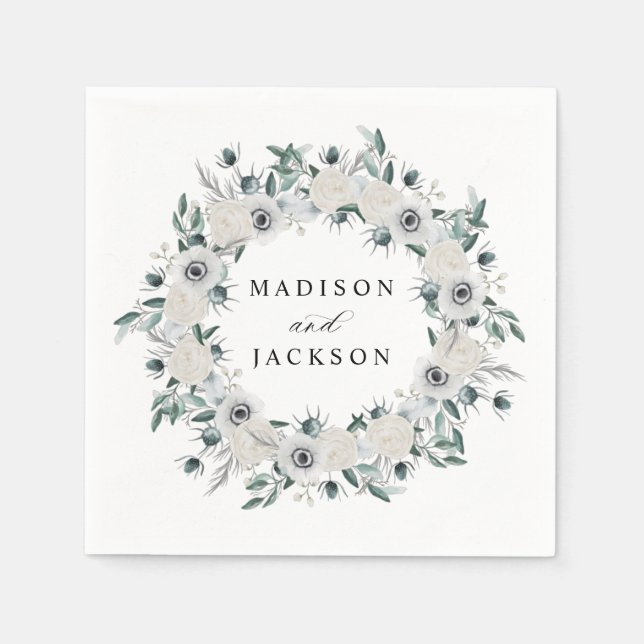 Weiße Anemonen und Rose Hochzeit Serviette (Vorderseite)