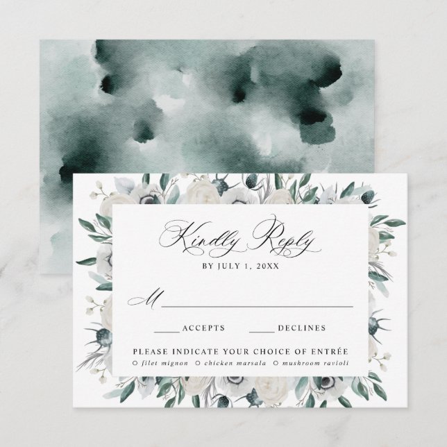 Weiße Anemonen und Rose Wahlmenü Hochzeit RSVP Karte (Vorne/Hinten)
