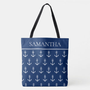 Weiße Anker auf Navy Blue Personalisiert Tasche