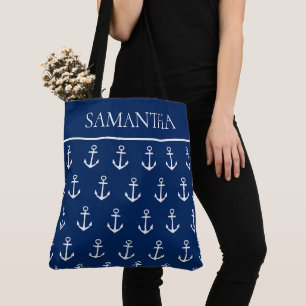 Weiße Anker auf Navy Blue Personalisiert Tasche
