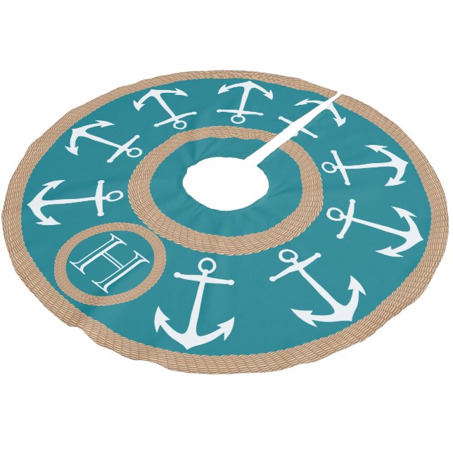 Weiße Anker und Seil-aquamarines Seemonogramm Polyester Weihnachtsbaumdecke (Schrägansicht)