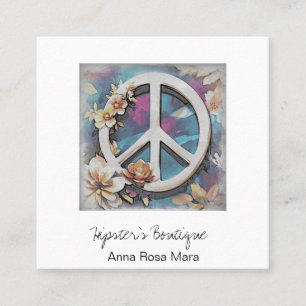 *~* Weiße AP57 QR Friedenszeichen Blumen Grunge Bo Quadratische Visitenkarte