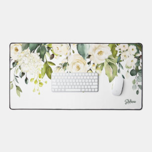 Weiße Aquarell-Hortensien und Rosen Personalisiert Schreibtischunterlage