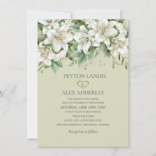 Weiße Aquarell-Lilien Grün Gold Hochzeit Einladung