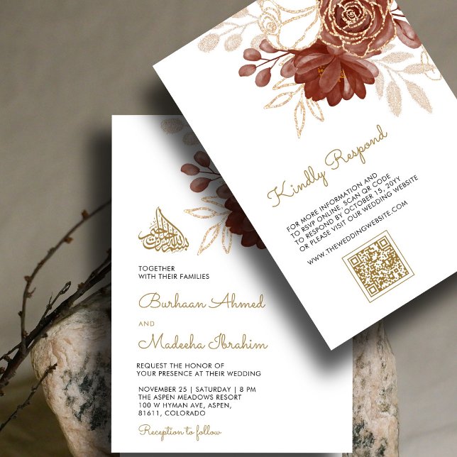 Weiße Aquarellblume Rustikale Goldmuslimische QR-H Einladung (Von Creator hochgeladen)