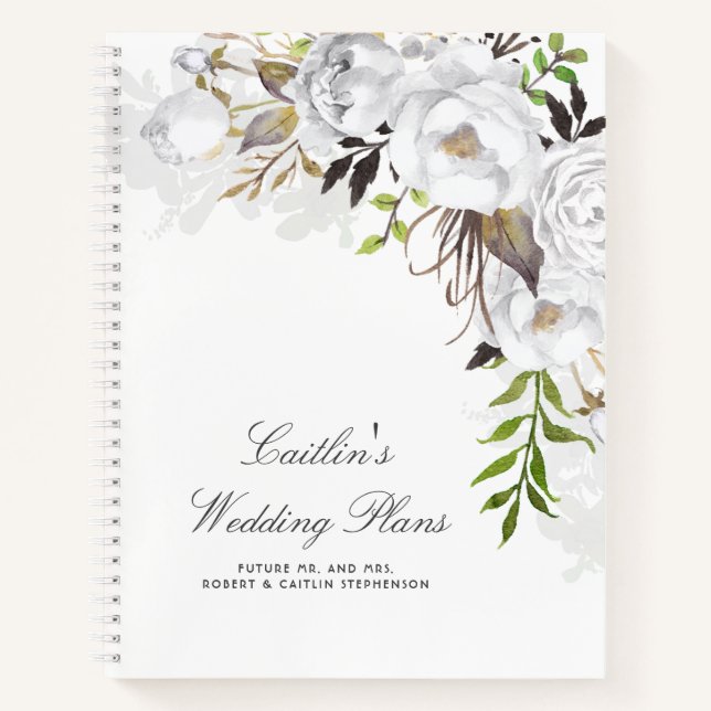 Weiße Aquarellfarben Blume Eleganter Hochzeitsplan Notizbuch (Vorderseite)