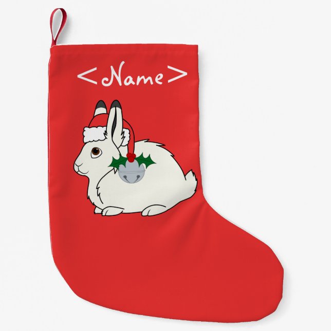 Weiße arktische Hasen mit Weihnachtsmannmütze u. Kleiner Weihnachtsstrumpf (Vorderseite)
