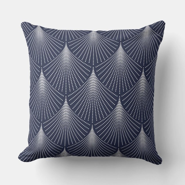 Weiße Art-Deko geometrisches Muster auf blau Kissen (Vorderseite)