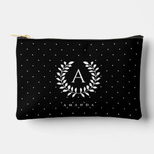 Weiße auf schwarzem Lorbeer-Monogramm-Polka-Punkt- Zubehörtasche