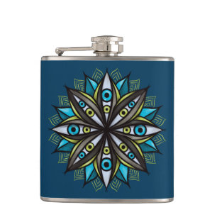 Weiße Augen Mandala Art - Trippy Blume Blue Green Flachmann