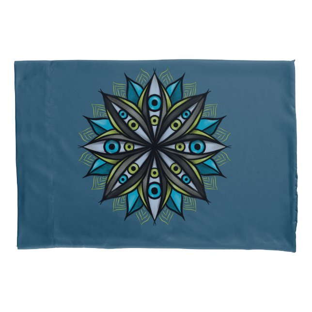 Weiße Augen Mandala Art - Trippy Blume Blue Green Kissenbezug (Vorderseite)