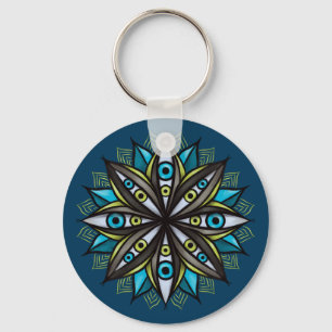 Weiße Augen Mandala Art - Trippy Blume Blue Green Schlüsselanhänger