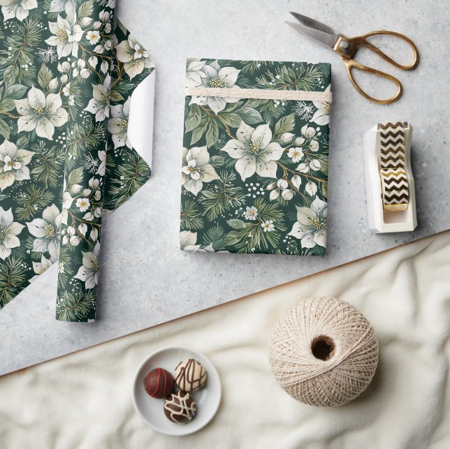 Weiße Azaleen und Evergreens Holiday Geschenkpapier (Kunsthandwerk)