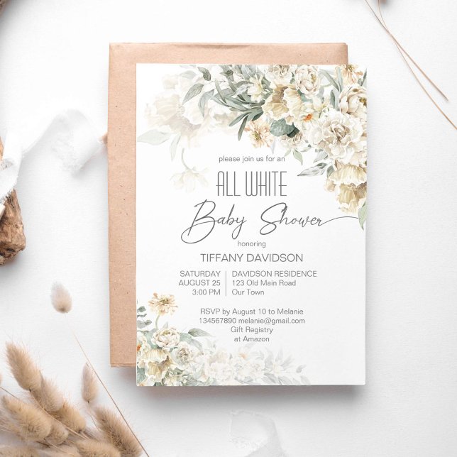 Weiße Babydusche silberfarben Einladung (All white baby shower invitation template silver sage white flowers modern calligraphy script )