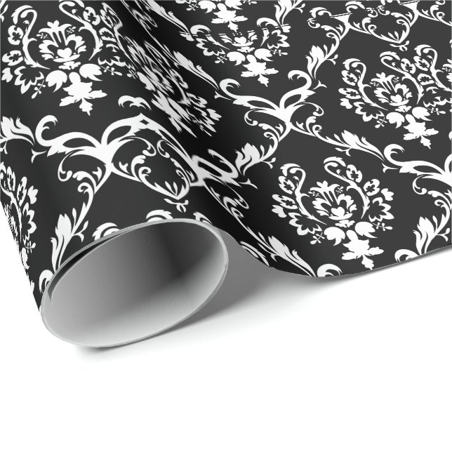 Weiße barocke Damaskus Custom Black Background Geschenkpapier (Rolleneckpunkt)