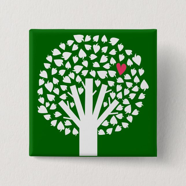 Weiße Baum-Silhouette mit Herz-Blatt Button (Vorderseite)