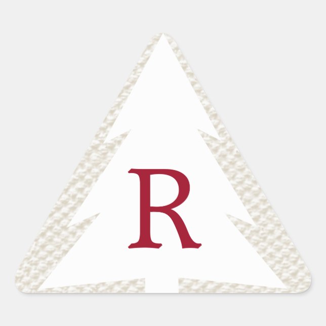 Weiße Bäume auf Beige, Burgund Monogram Weihnachte Dreieckiger Aufkleber (Vorderseite)