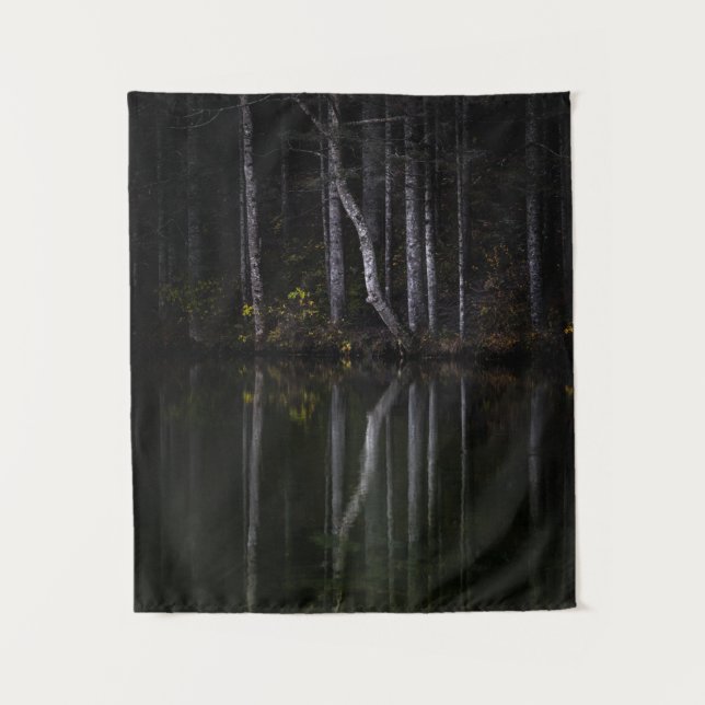 Weiße Bäume reflektieren den See Wandteppich (Vorderseite)