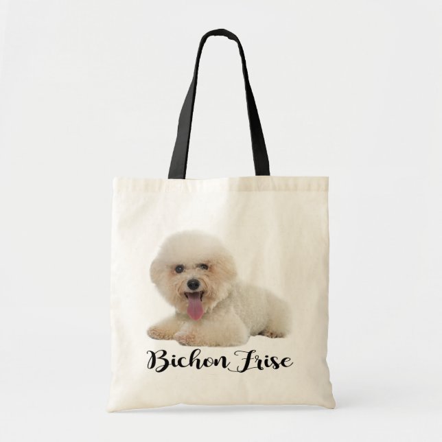 Weiße Bichon Frise Welpe Hund Schwarze Liebe Tragetasche (Vorne)