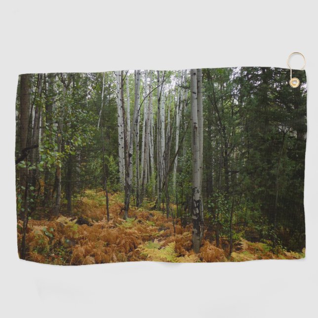 Weiße Birkenbäume und Herbst-Fernen am Rocky Mount Golfhandtuch (Horizontal)