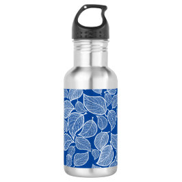 Weiße Blätter auf blau Edelstahlflasche