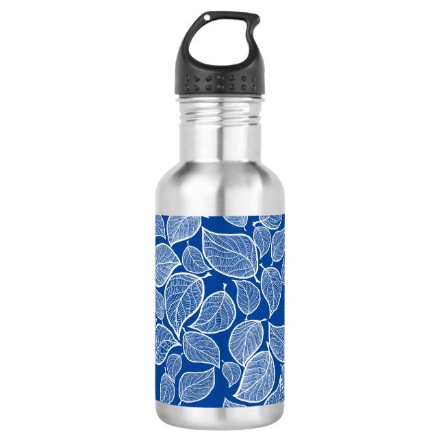 Weiße Blätter auf blau Edelstahlflasche (Vorderseite)