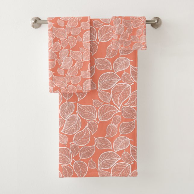 Weiße Blätter auf orangefarbenem Handtuch Badhandtuch Set (Insitu)