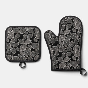 Weiße Blätter auf Schwarz Ofenhandschuh & Topflappen-Set