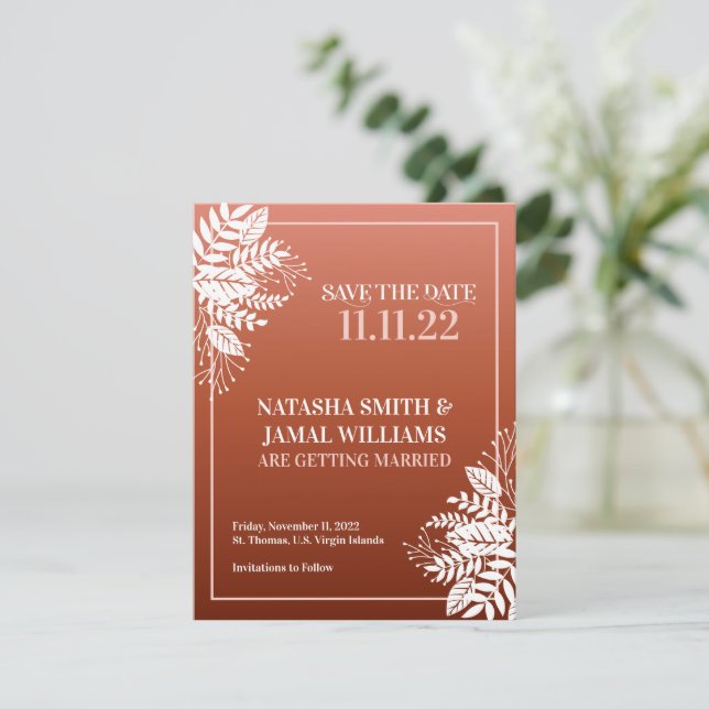 Weiße Blätter, Rot Terracotta Save The Date (Stehend Vorderseite)