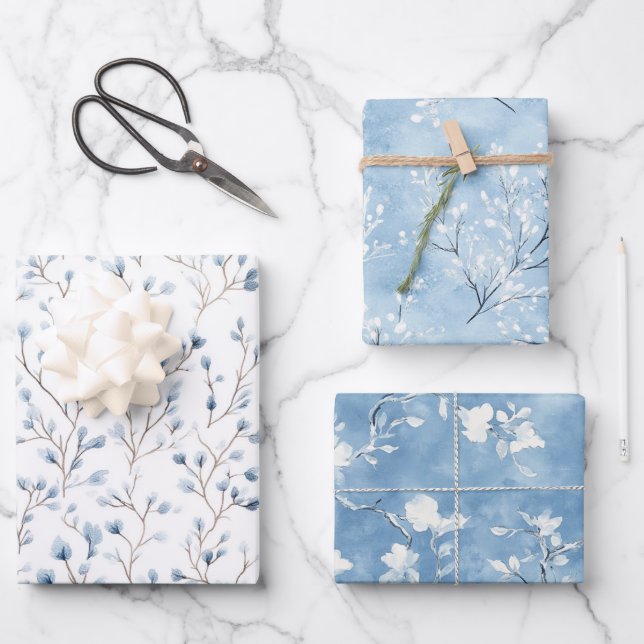 Weiße Blaue Blumen Brautdusche Geschenkpapier Set (Vorderseite)