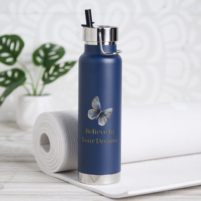 Weiße Blaue Creme Schmetterling   Trinkflasche (Yoga (gedreht)