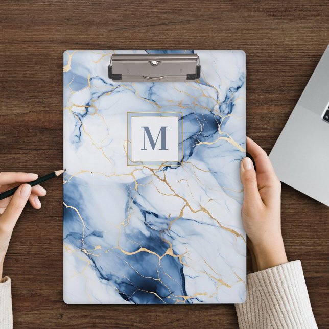 Weiße Blaue Gold Marmor Monogramm Klemmbrett (Von Creator hochgeladen)