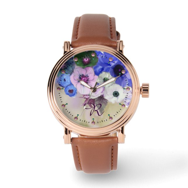 WEISSE BLAUE ROSE, ANEMONMONOGRAMM BLUME ARMBANDUHR (Vorderseite)