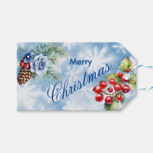 Weiße blaue Schneeflocken und Stechpalmen-Beeren W Geschenkanhänger