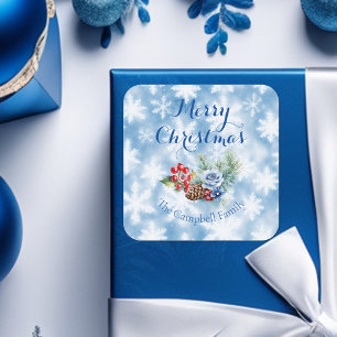 Weiße & Blaue Schneeflocken Weihnachtsdekoration Quadratischer Aufkleber