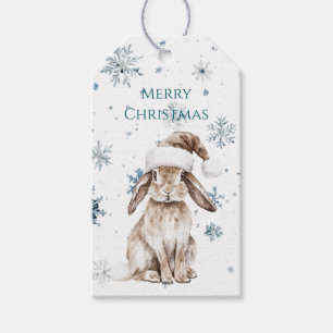 Weiße blaue Schneeflocken Weihnachtshase Geschenkanhänger