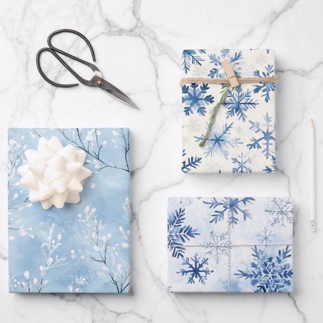 Weiße Blaue Schneeflocken Winter Weihnachten Geschenkpapier Set (Vorderseite)