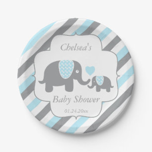 Weiße, blaue u. graue Streifen-Elefant-Babyparty Pappteller