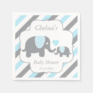 Weiße, blaue u. graue Streifen-Elefant-Babyparty Serviette