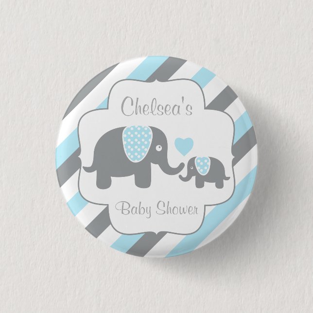 Weiße, blaue und graue Stripe Elephant Baby Boy Du Button (Vorderseite)