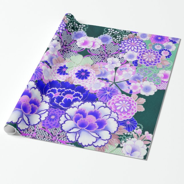 WEISSE BLUE BLUES Peony, Rose Japanisches Blumenko Geschenkpapier (Ungerollt)
