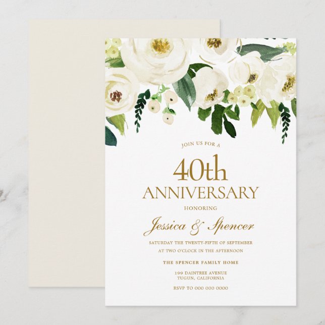 Weiße blühende Blume 40. Hochzeitstag Einladung (Vorne/Hinten)