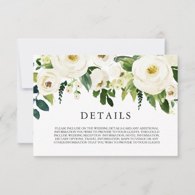 Weiße blühende Blume, die die Details des Hochzeit Einladung (Vorderseite)