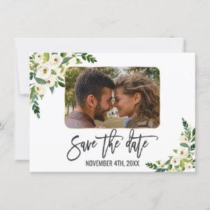 Weiße blühende Blumen-Foto-Save-the-Date-Karte Save The Date