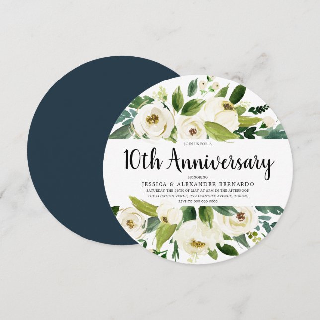 Weiße Blume 10. 15. 20. Hochzeit Einladung (Vorne/Hinten)
