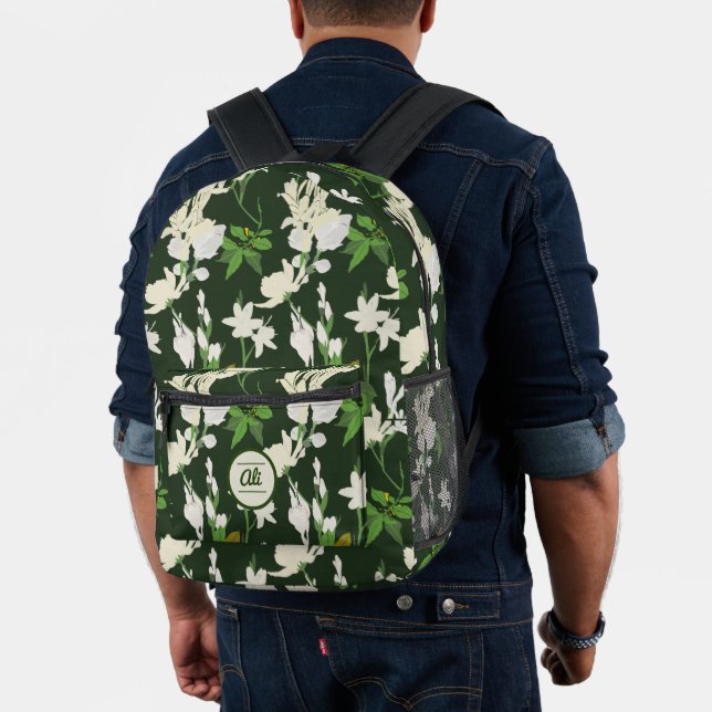 Weiße Blume 1 dunkelgrüner Hintergrund Bedruckter Rucksack (Insitu (Modell))