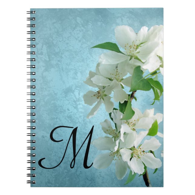 Weiße Blume auf dem Blue Monogram Erstnotenbuch Notizblock (Vorderseite)