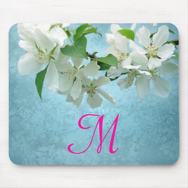 Weiße Blume auf der Blue Monogram Initial Mouse Pa Mousepad (Vorne)